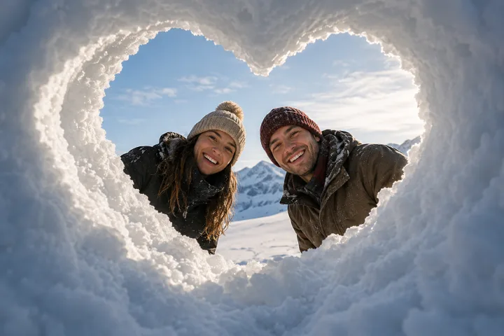 Casal viajando na neve